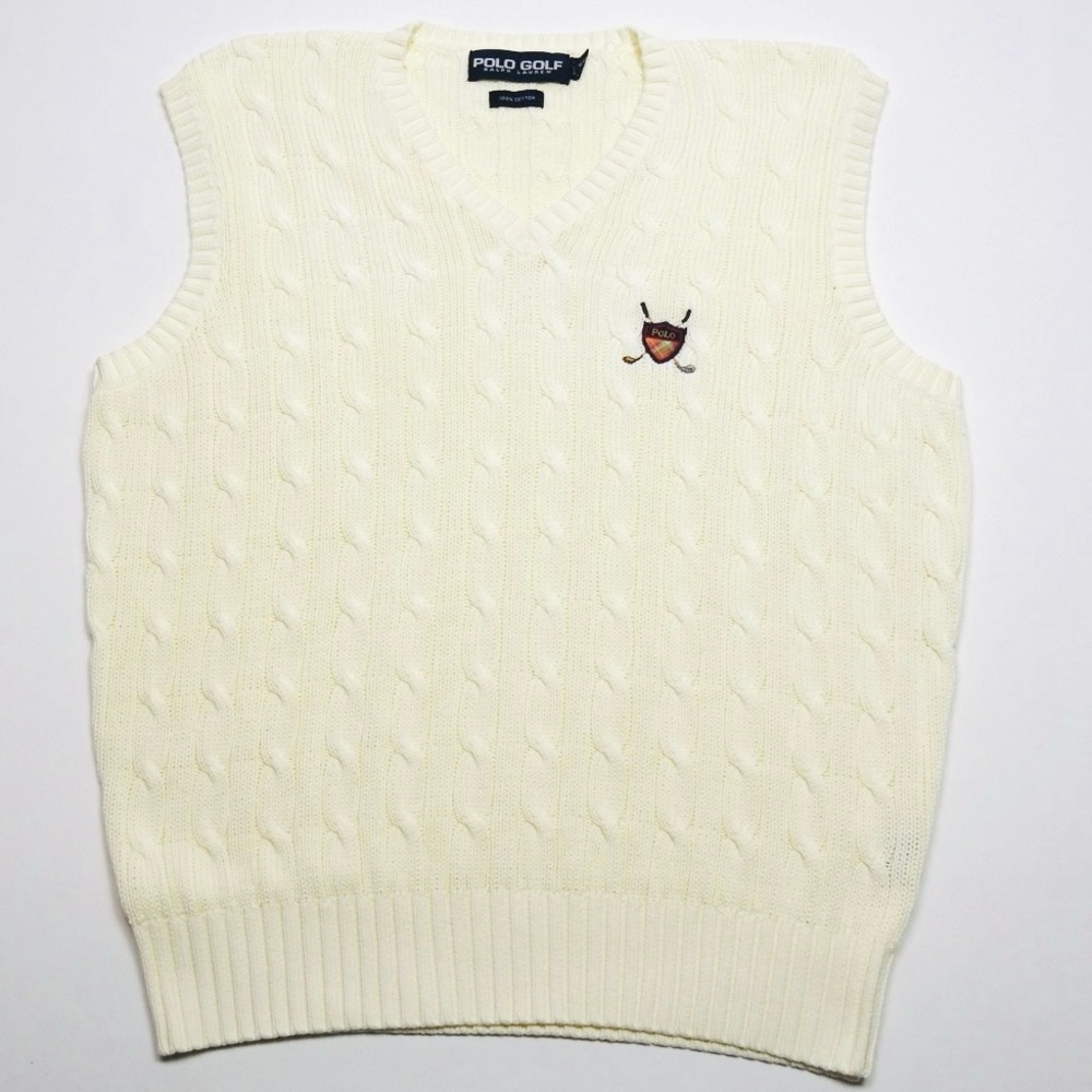 Vintage Polo Golf Ralph Lauren Cable Knit Sweater Vest Golf Logo Size M Ivory